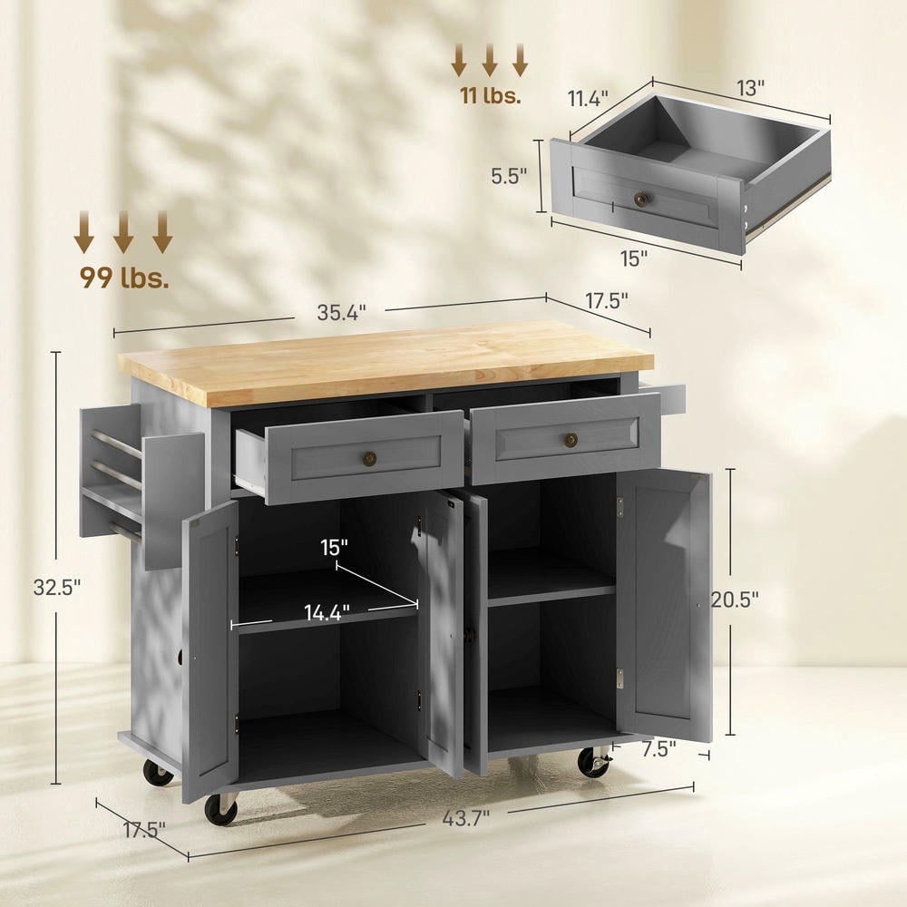 Kepooman Kitchen Island Cart with Rubber Wood Top, Serving Utility Carts with Drawers, Adjustable Shelves, Spice Rack and Towel Rack for Dining Room, Gray