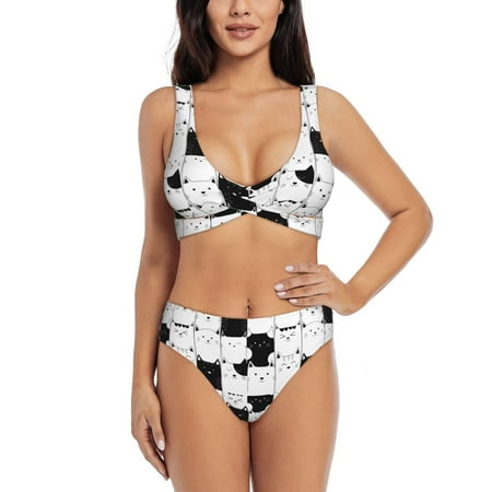 Zeuib Doodle Cute Cat High Waisted Tummy Control Bikini Set - Knot Front Push Up Top & Cheeky Thong Bottom  Two-Piece Swimsuit for Women-Large