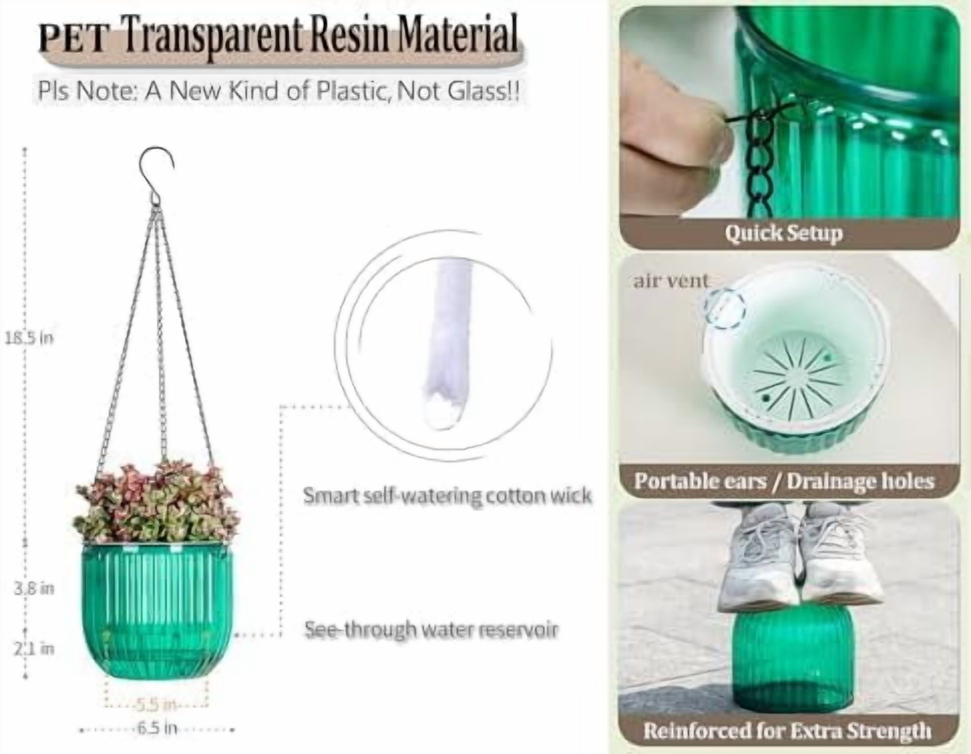 2 Pack Self Watering Hanging Planters Indoor Flower Pots, 6.5 Inch Outdoor Hanging Plant Basket, Hanger with 3Hooks Drainage Holes for Garden Home (Emerald + Gray)