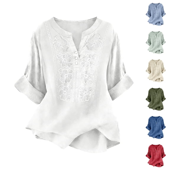 Women's Cotton Linen Top, 3/4 Sleeve Henley Collar Embroidered Blouse, Loose Fit Casual Tunic for Summer, Beach, Vacation and Everyday Outfits-Beige