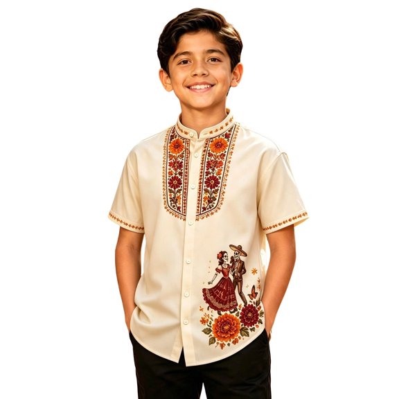 Hiijoy Boys Day Of The Dead Shirt Marigold Embroidery Shirt Kids Short Sleeve Collared Top