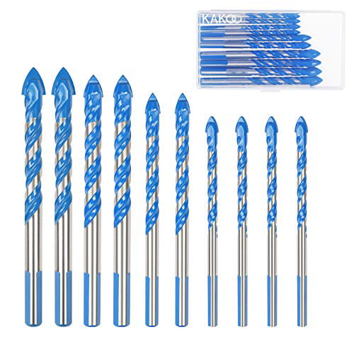 Masonry Drill Bit Set KAKOO 10 PCS Tungsten Carbide Tipped Ceramic Tile Drill Bits Assorted Size Twist Drill for Concrete Brick Glass Plastic and Wood 