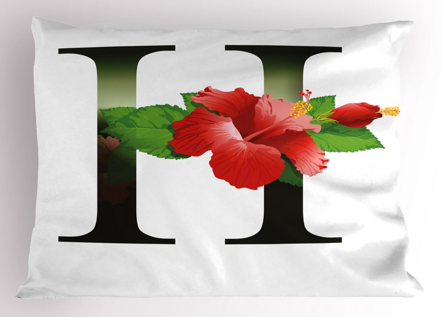 Letter H Pillow Sham Hibiscus Design Green Leaves Vibrant Color Flower Natural Pattern Print