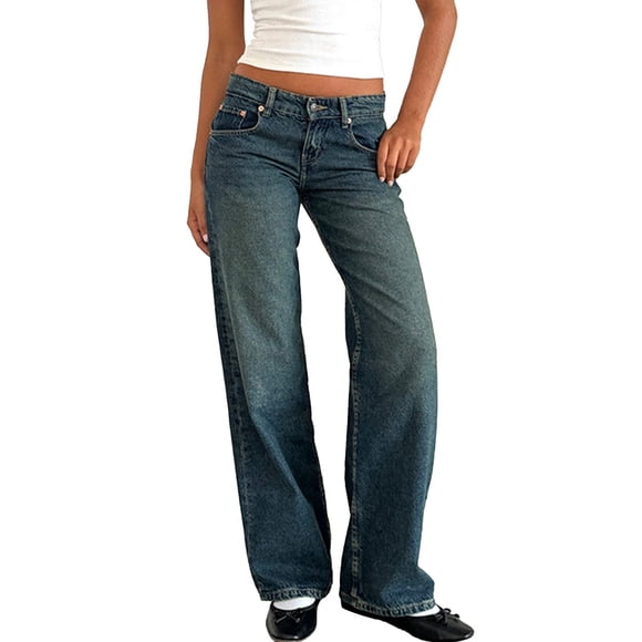 DondPO Women Jeans，Low Jeans For Women Mom Jeans Wide Straight Leg Baggy Jeans Vintage Denim Pants Streetwear，Wide Leg Pants Woman，Cute Jeans for Women Blue S Clearance！