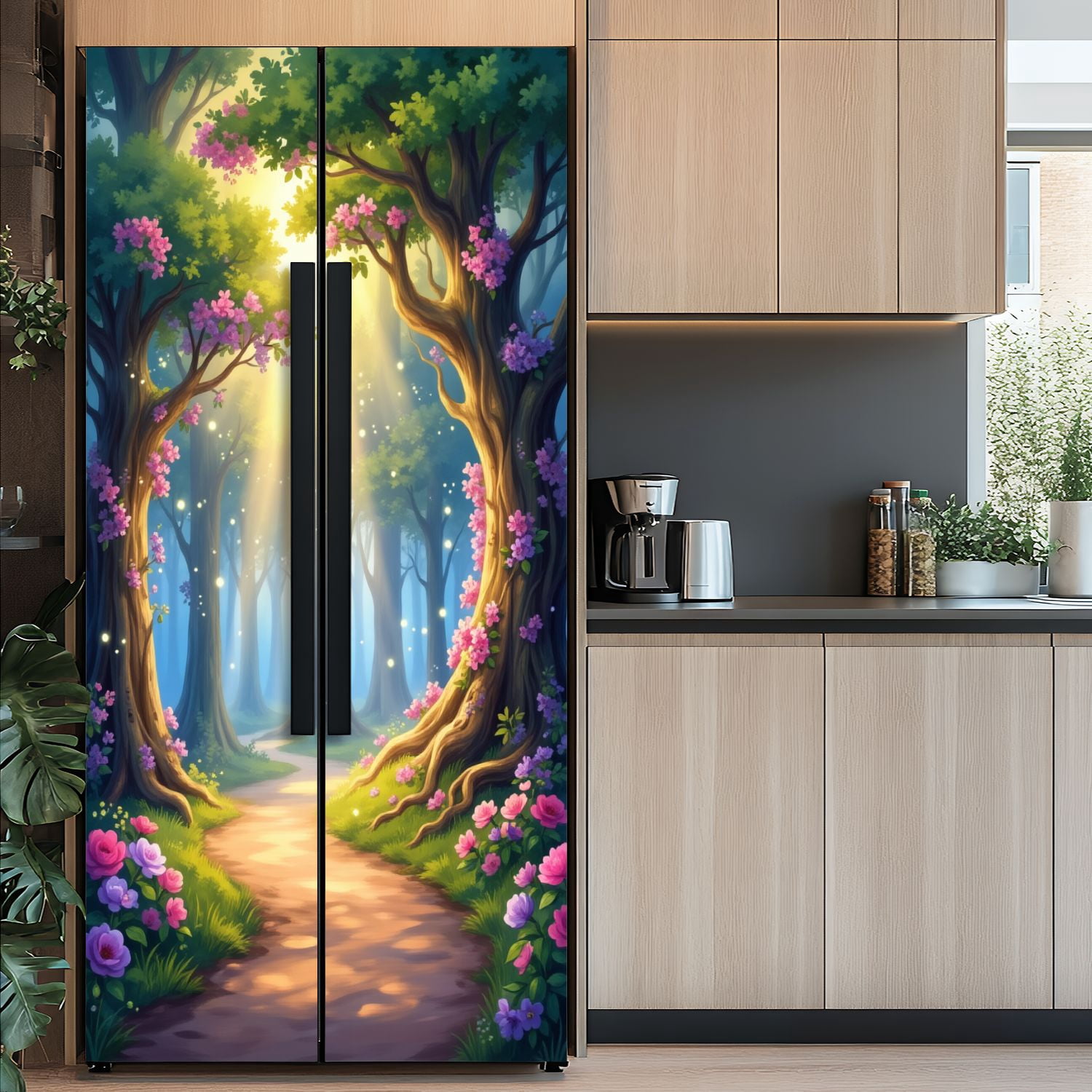 Self Adhesive Vinyl Refrigerator Wrap Set Magical Forest Pathway Sunlight Flowers Door Mural Removable Fridge Sticker Peel and Stick&nbsp;Full Door Cover Decal Kitchen Bar Decor