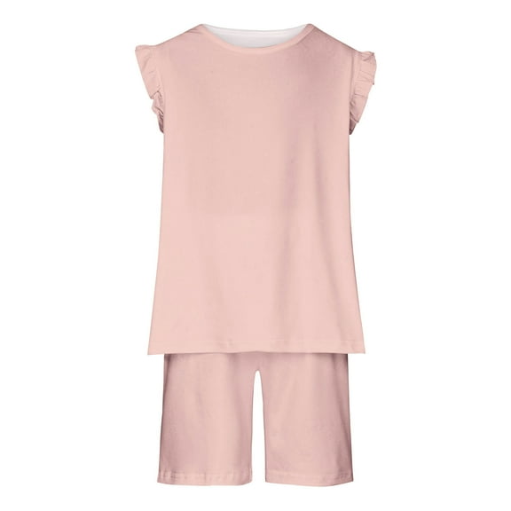 AJTQTH Summer 2PC Set for Girls Round Neck Flutter Sleeve Tshirts Solid Color Tees Tops Elastic-Waisted Shorts with Pockets Loose Fit Cozy Outfits Pink 13-14 Years