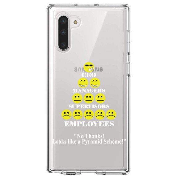 DistinctInk Clear Shockproof Hybrid Case for Samsung Galaxy Note 10 (6.3" Screen) - TPU Bumper Acrylic Back Tempered Glass Screen Protector - No Thanks Looks Like a Pyramid Scheme