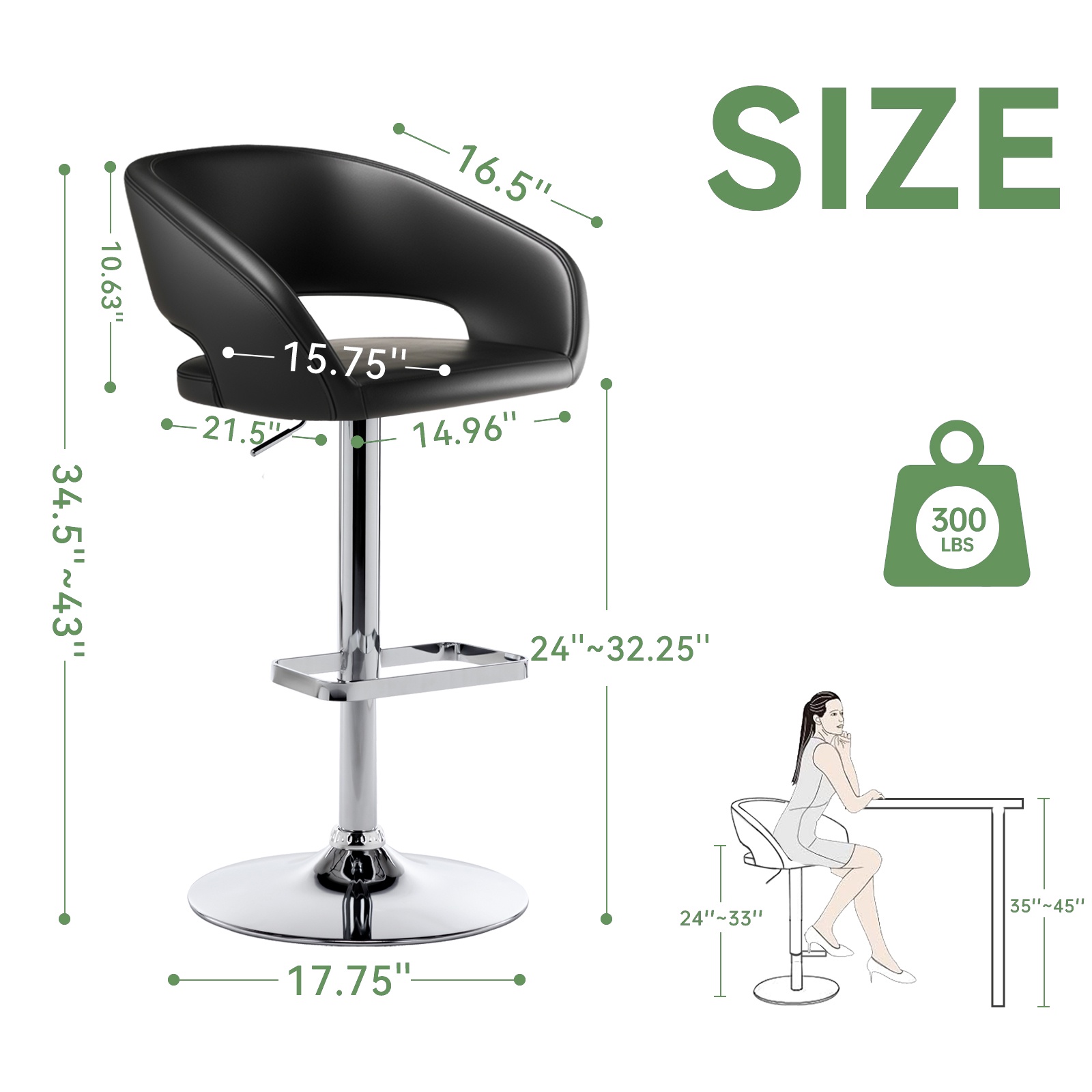 Adjustable Bar Stools, 360-Degree Swivel Barstools with Open Back and Arms, PU Leather Counter Height Island Chairs with Square Footrest for Pub Kitchen Dining Room, Black