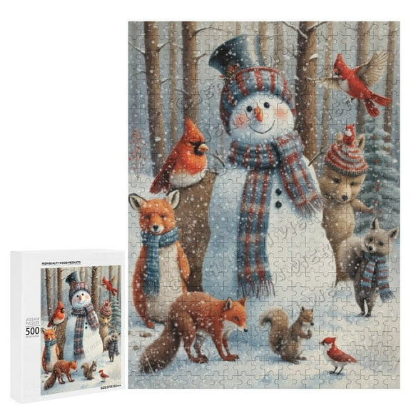 Snowman With Animal Puzzle - Snowman -500 Pieces Jigsaw Puzzle Wooden Challenge Puzzle for Adults - Fun Family Game