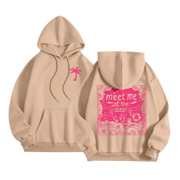 felwors Women's Ocean Graphic Oversized Pullover Hoodie Cotton Blend Casual Sweatshirt Khaki for Size XL