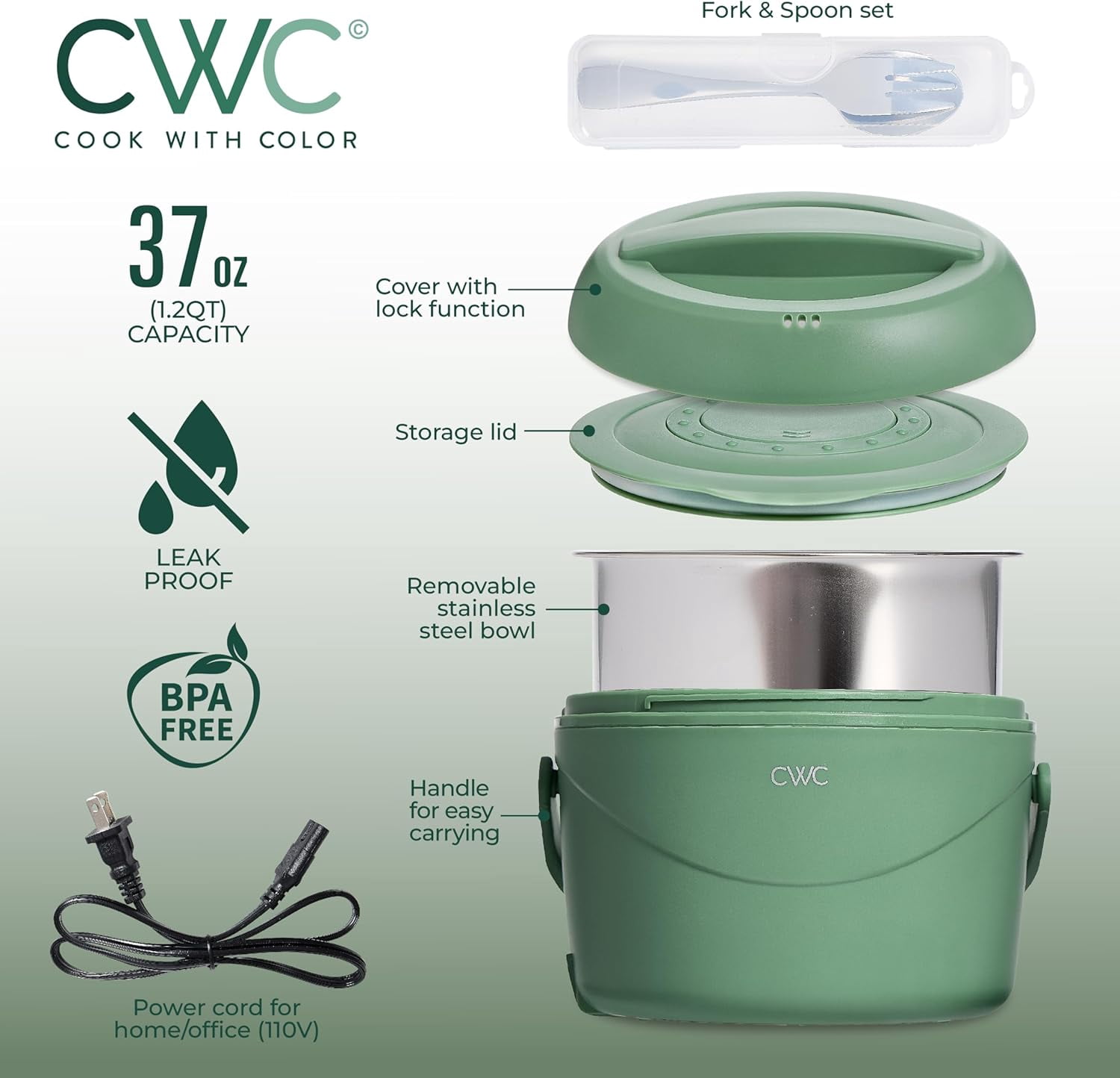 Cook With Color Heated Lunch Box Electric Food Warmer, Round 1.1L Portable Bento Box for Adults, Sage