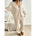 thumbnail image 3 of DENTOYOU Lounge Sets for Women 2 Piece Outfits V Neck Button Long Sleeve Shirt Wide Leg Pants Matching Set Sweatsuits Beige S, 3 of 6
