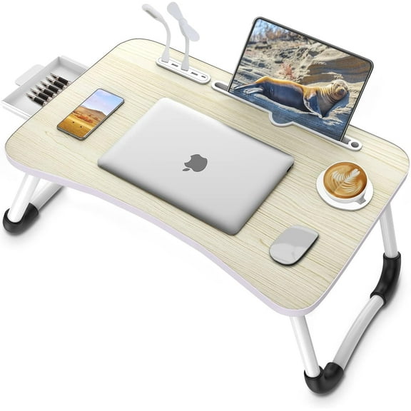 Laptop Lap Desk, Foldable Laptop Table Tray with 4 USB Ports Storage Drawer and Cup Holder, Lap Bed Desk Notebook Stand Laptray Portable Standing Table for Bed Couch Floor