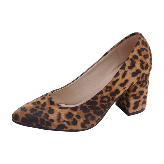 Win s Way Women's Leopard Print Pointed Toe Low Cut Chunky Heel Pumps Slip On Work Dress Shoes