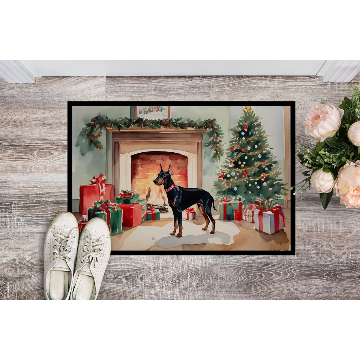 Carolines Treasures DAC2646MAT 0.15 x 18 x 27 in. Doberman Pinscher Cozy Christmas Doormat