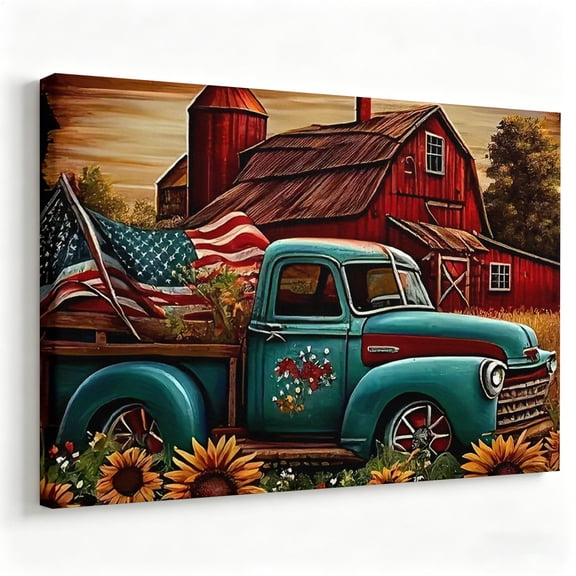 Vintage Teal Truck and American Flag Canvas Wall Art Rustic Red Barn Painting Country Sunflower Poster Living Room Farmhouse Decor Print Ready to Hang 8*12