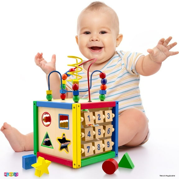 Activity Cube With Bead Maze - 5 in 1 Baby Activity Cube Includes Shape Sorter, Abacus Counting Beads, Counting Numbers, Sliding Shapes, Removable Bead Maze - My First Baby Toys Play22USA