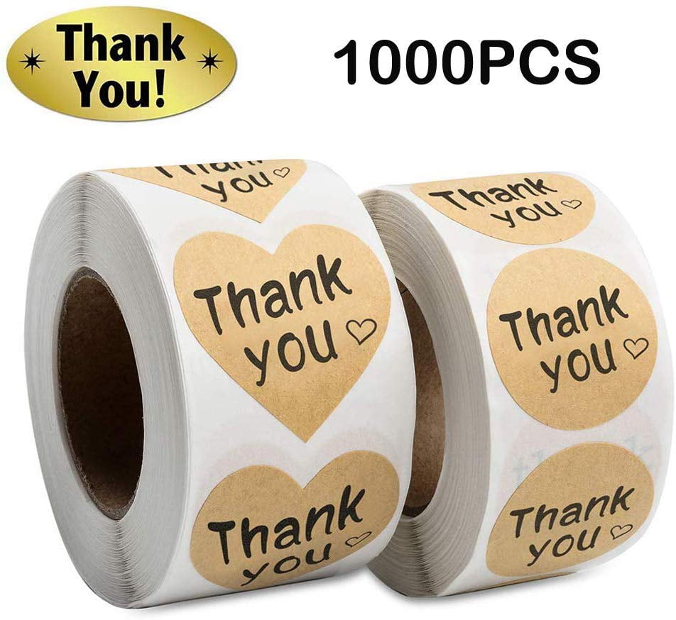 SJPACK Thank You Stickers Roll 1000pcs Adhesive Labels Kraft Paper with ...