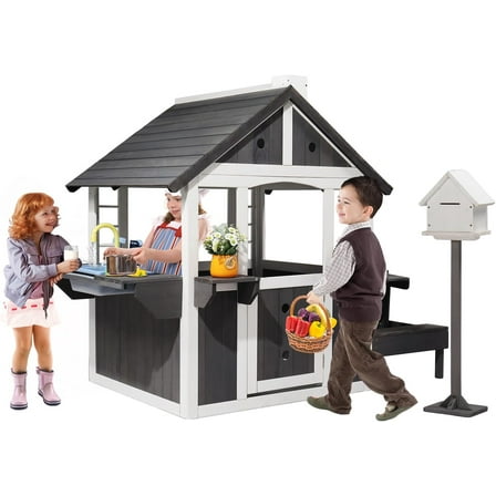 JOYMOR Kids Wooden Playhouse for Outdoor, Cottage with Sink, Picnic Table, Mailbox, Flowerpot Holders, Age 3-8 (Gray&White)