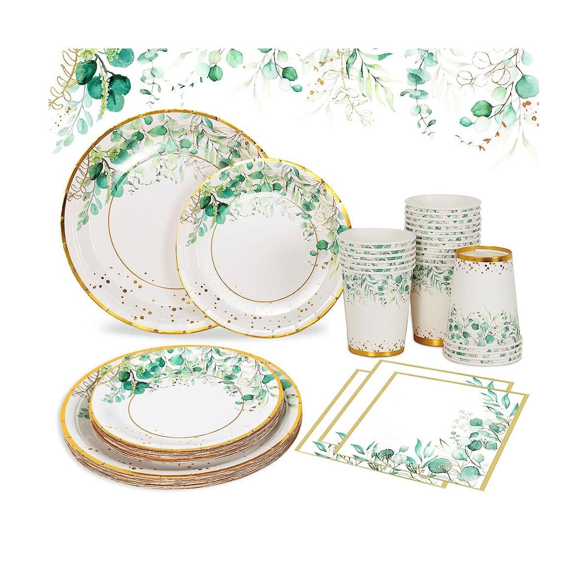 Lot De 100 Serviettes En Papier Blanc Et Doré/vert Sauge, Pour