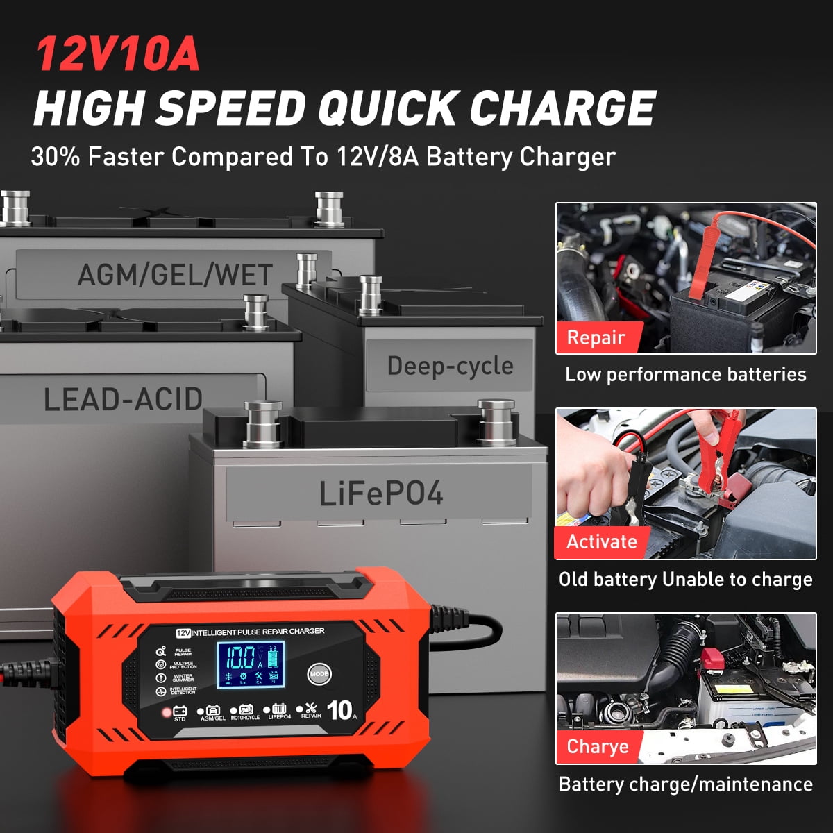 12V/10A Car Battery Charger, Battery Charger with Temperature Compensation Auto Stop, Multimodal Trickle Charger with Digital Display Screen, Touch Screen Battery Maintainer for Car Motorcycle