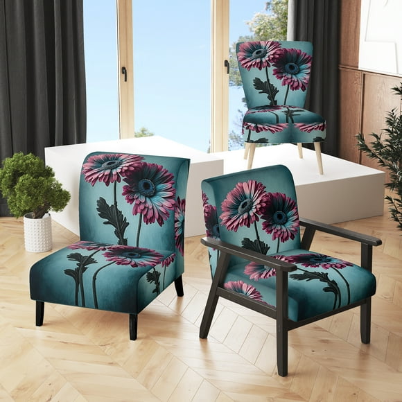 Designart "Gerbera Daisy in All Its Glory II" Pink Gerbera Upholstered Accent Chair - Traditional Arm Chair For Living Room