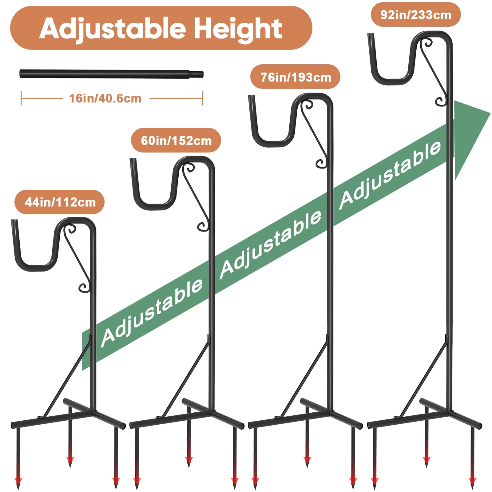 Shepherd Hook for Outdoor – Adjustable Height 44"-92" Heavy Duty Metal Pole, 3-Prong Ground Stake, Rust-Proof, for Hanging Bird Feeders, Plants, Solar Lights, Lanterns