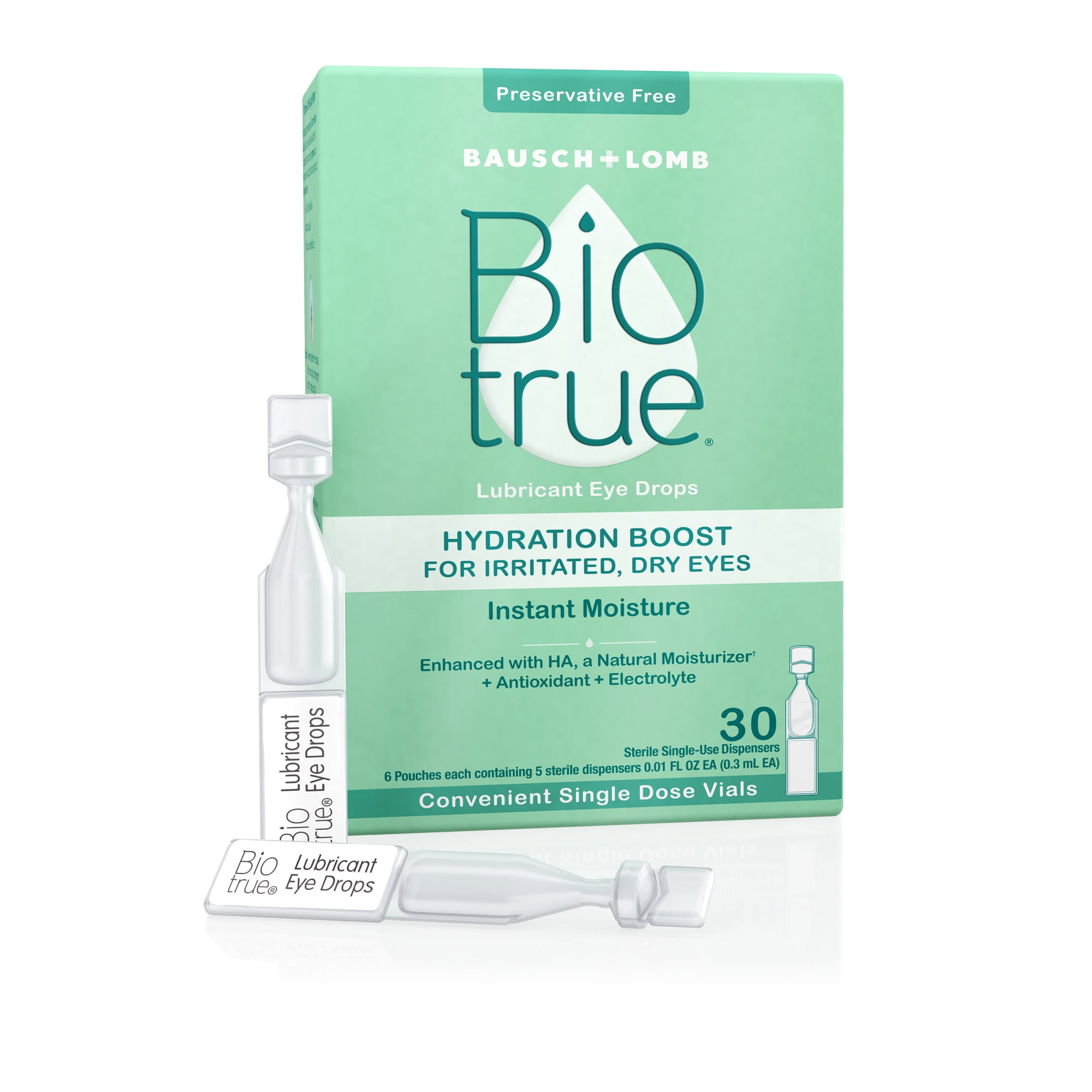 Biotrue Hydration Boost Eye Drops for Irritated, Dry Eyes in Single Dose Vials from Bausch + Lomb, Instant Moisture, Preservative Free, pH Balanced, Naturally Inspired, 30 Count