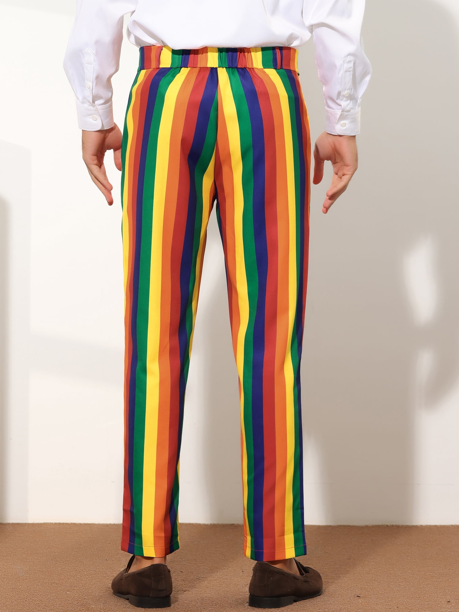 Unique Bargains Men's Striped Dress Pants Color Block Rainbow Stripe Trousers 28 Blue Red