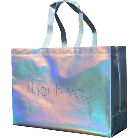 Iridescent Extra Large Thank You Gift Bags Bulk -16x6x12 Inches - 50 Bags- Reusable Shiny Holographic Boutique Bags With Handles - XL Gift Bags - Perfect for Small Business