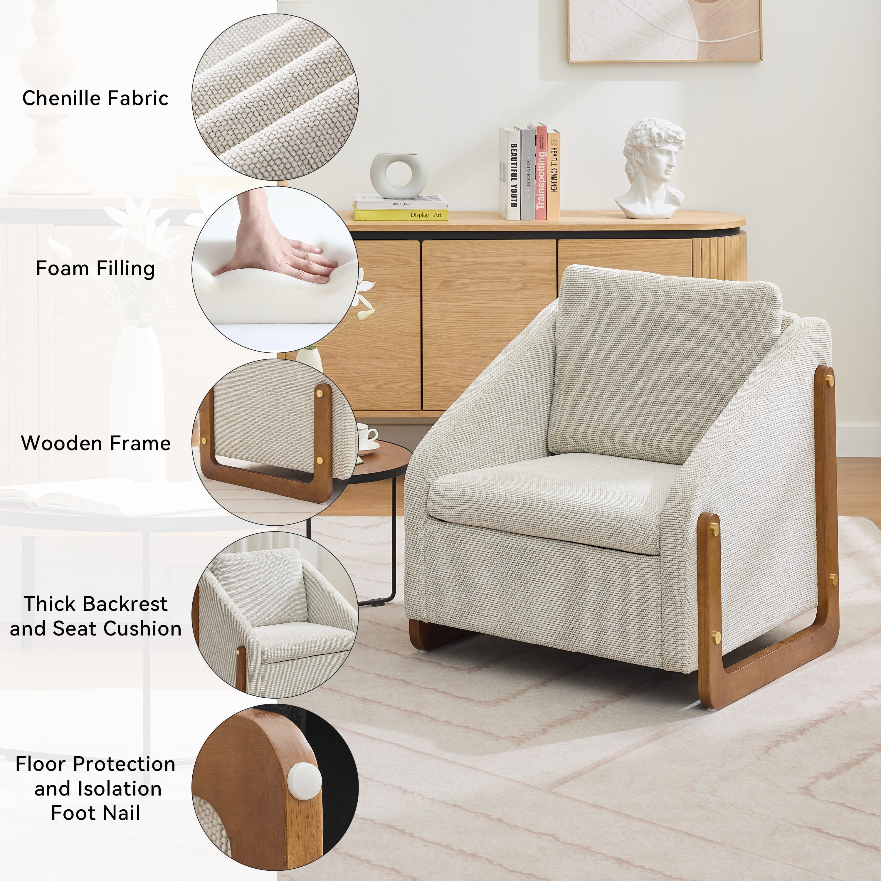 Aukfa Accent Chair Set for 2, Plush Chenille Modern Arm Chair with Naihead Trim, Beige
