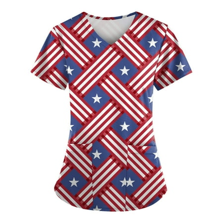 

Apepal Women Fashion Painting Print V-neck Short Sleeve with Pockets Scrub Tops