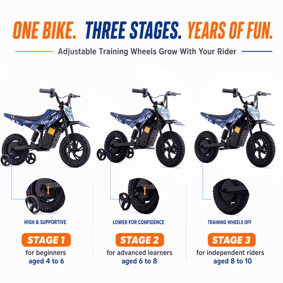 IVFJFV Electric Dirt Bike,up to 6.21 mph, 24V Electric Dirt Bike with Removable Training Wheels for Child 8+,BLUE