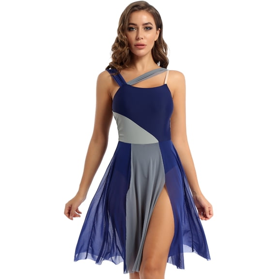 Yhong Women's Mesh Color Block Lyrical Ballet Leotard Dresses Modern Contemporary Dance Costume Navy Blue S