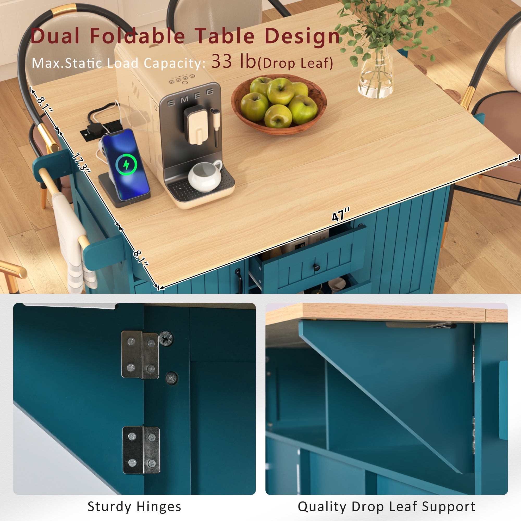 Large Kitchen Island with 2 Drop Leaf for Kitchen and Dining Room, Rolling Kitchen Cart on 5 Wheels with Power Outlet,55.7'' x(17.3”~33.5”)x36.5” Green