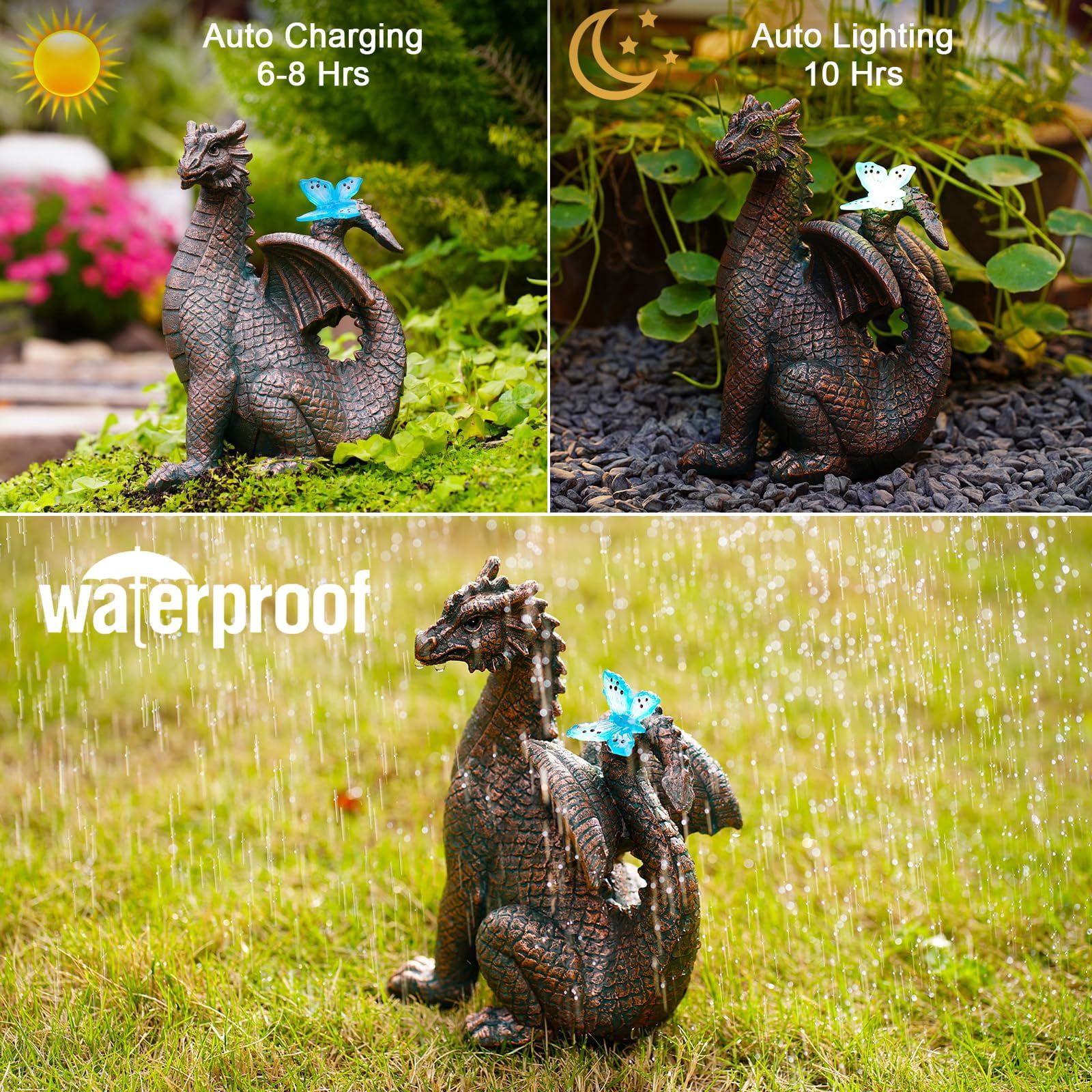 Solar Dragon Outdoor Statues For Garden: Outside Decor With Butterfly Clearance Yard Art Lawn Ornaments Porch Patio Balcony Home House Mom Grandma Women