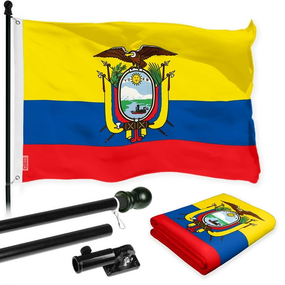G128 Combo Pack: 6 Ft Tangle Free Spinning Flagpole (Black) & Ecuador Flag 3x5 Ft Printed 150D Polyester, Brass Grommets (Flag Included) Aluminum Flag Pole