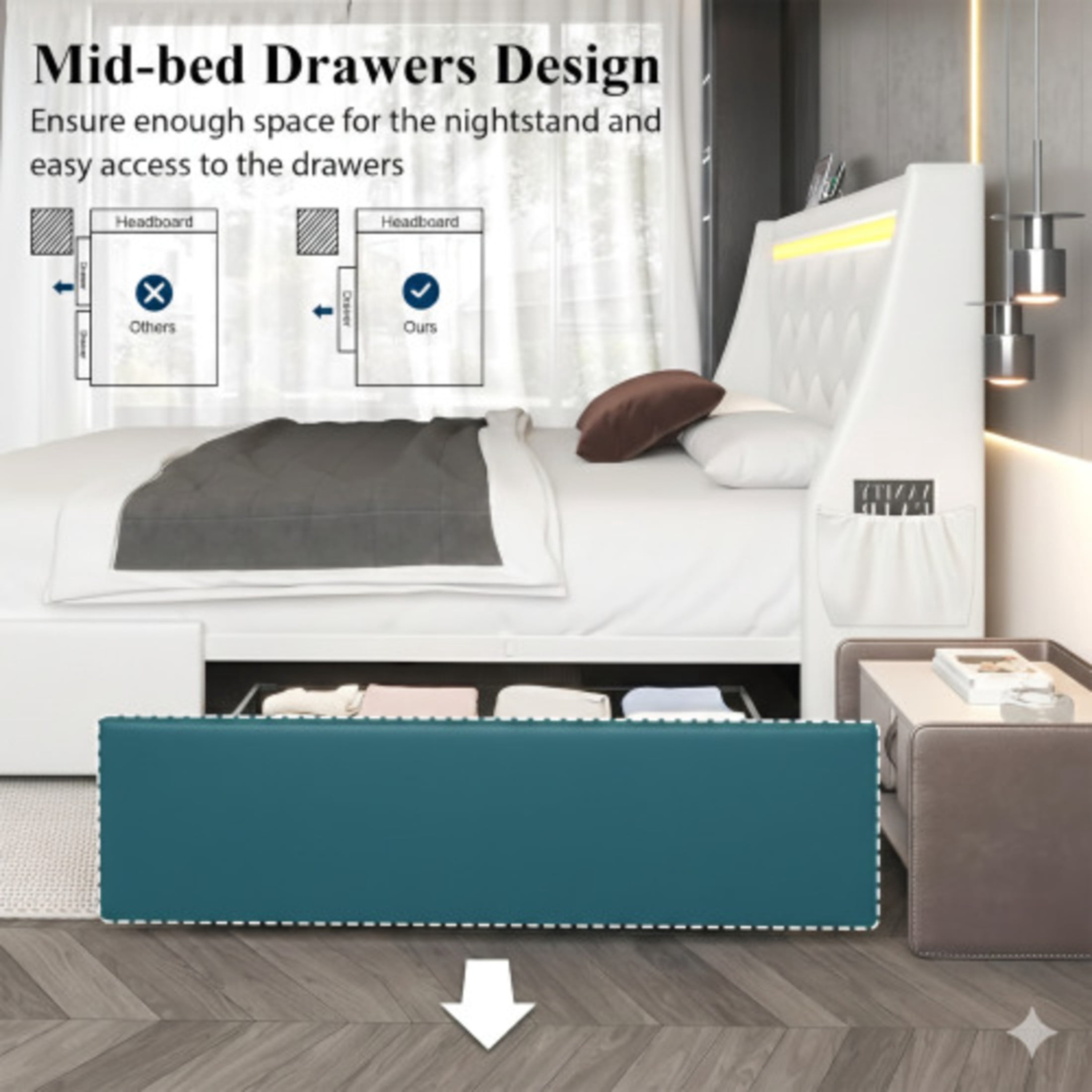 Noble House Ashrid Full Size Bed Frame with Charging Station, Storage Drawers & LED Lights, Metal Support, White