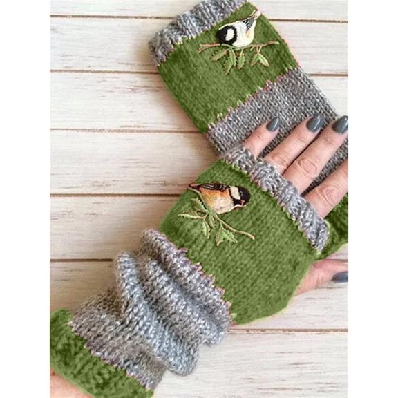 Women's Knitted Fingerless Gloves with Cute Embroidery, Cozy & Soft Knit Fabric Fingerless Gloves for Winter Walk Green One Size