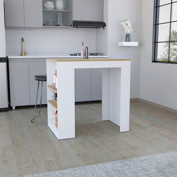 Portree Kitchen Island with 3 Side Shelves, White/Macadamia