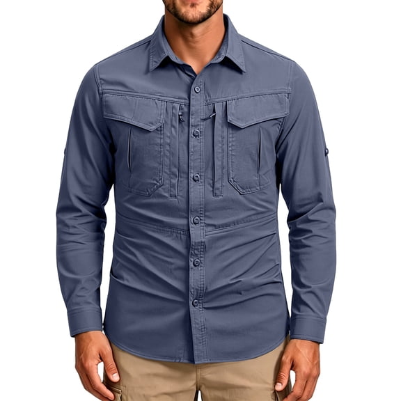 Havenx Men's Long Sleeves Fishing Shirts Button Down Sun Protection Shirts with Zipper Pockets Upf 50 Tops Summer Travel Work Hiking Fishing Cooling Clothing,Blue 3XL