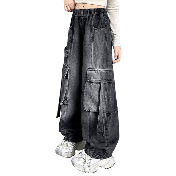 JLMSPLWG Kids Wide-Leg Jeans with Multi Pockets Toddler Cargo Denim Jeans Girl Daily Wear Baggy Boyfriend Preppy Jean Streetwear Teen Girls Cool Trendy Y2k Grunge Solid Color Pants Girl's Clothes