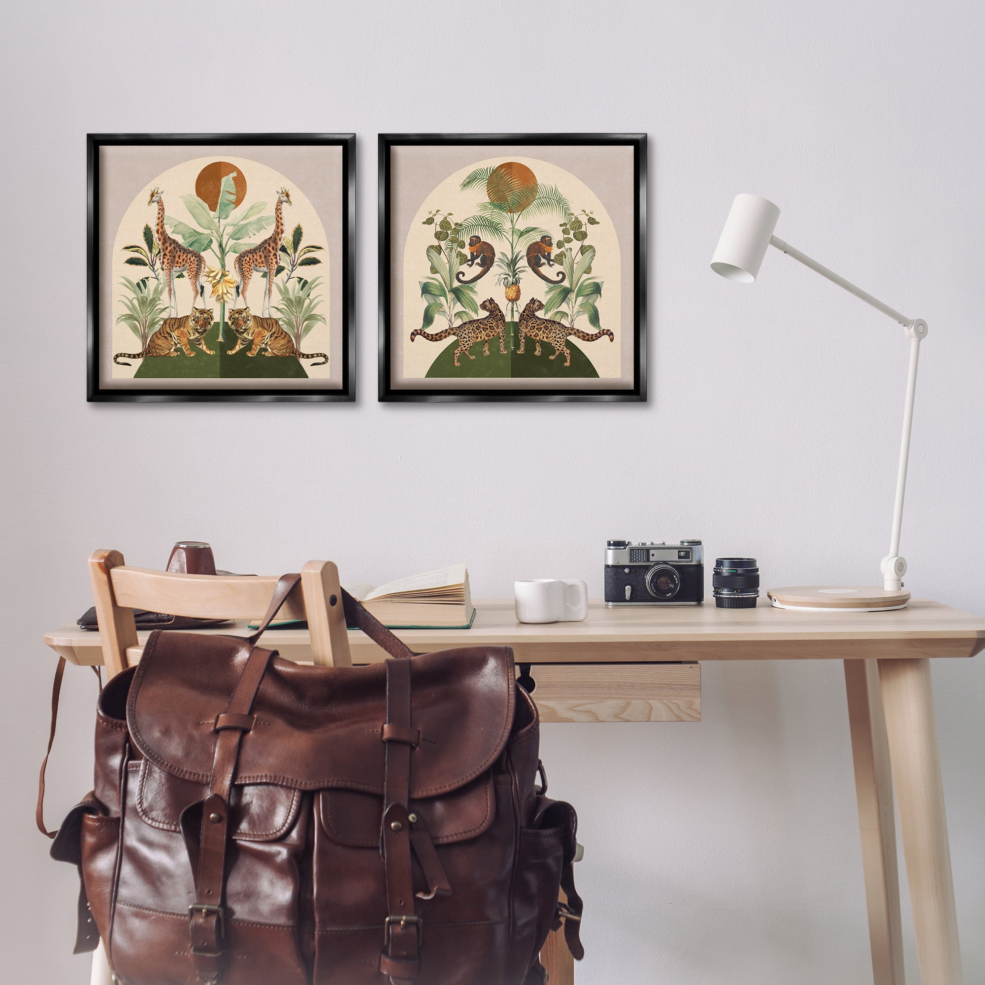 Stupell Industries Jungle Animals Foliage Illustration Animals Painting Black Floater Framed Canvas Art Print Wall Art, 18 x 18, Set of 2