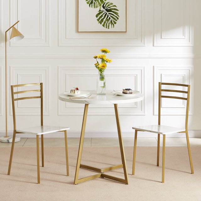 VECELO Round 3-Piece Dining Set, Compact Dining Table and 2 Chairs with Metal Frame, Faux Marbled Tabletop, Couple Table Chair Set for 2, White and Gold
