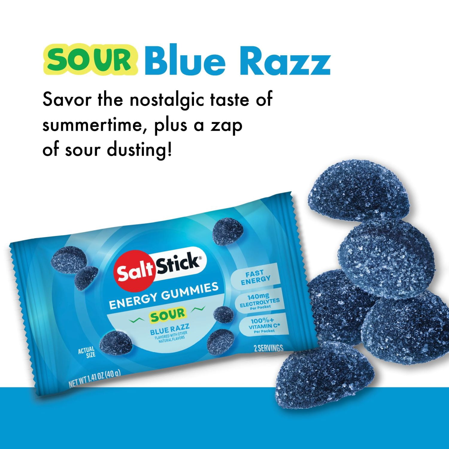 SaltStick Energy Gummies with Electrolytes, Sour Blue Razz Energy Chews, Caffeine Free, 1 Pack