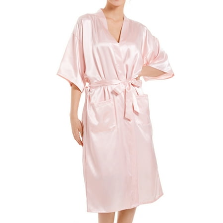 

Homgro Women s Satin Kimono Robe Short Sleeve V Neck Bath Robe with Pockets for Bridesmaid Wedding Party Silk Pure Dressing Gown Belted Tie Up Lightweight Light Pink Large