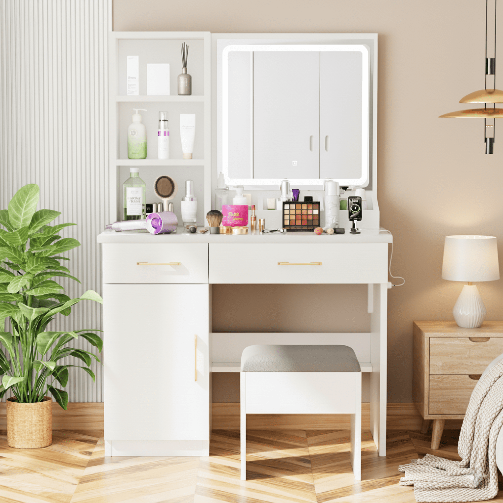 32" White Vanity Desk Set with Mirror and Lights, Makeup Table Dressing Table with with Large Storage Space and Cushioned Stool for Bedroom