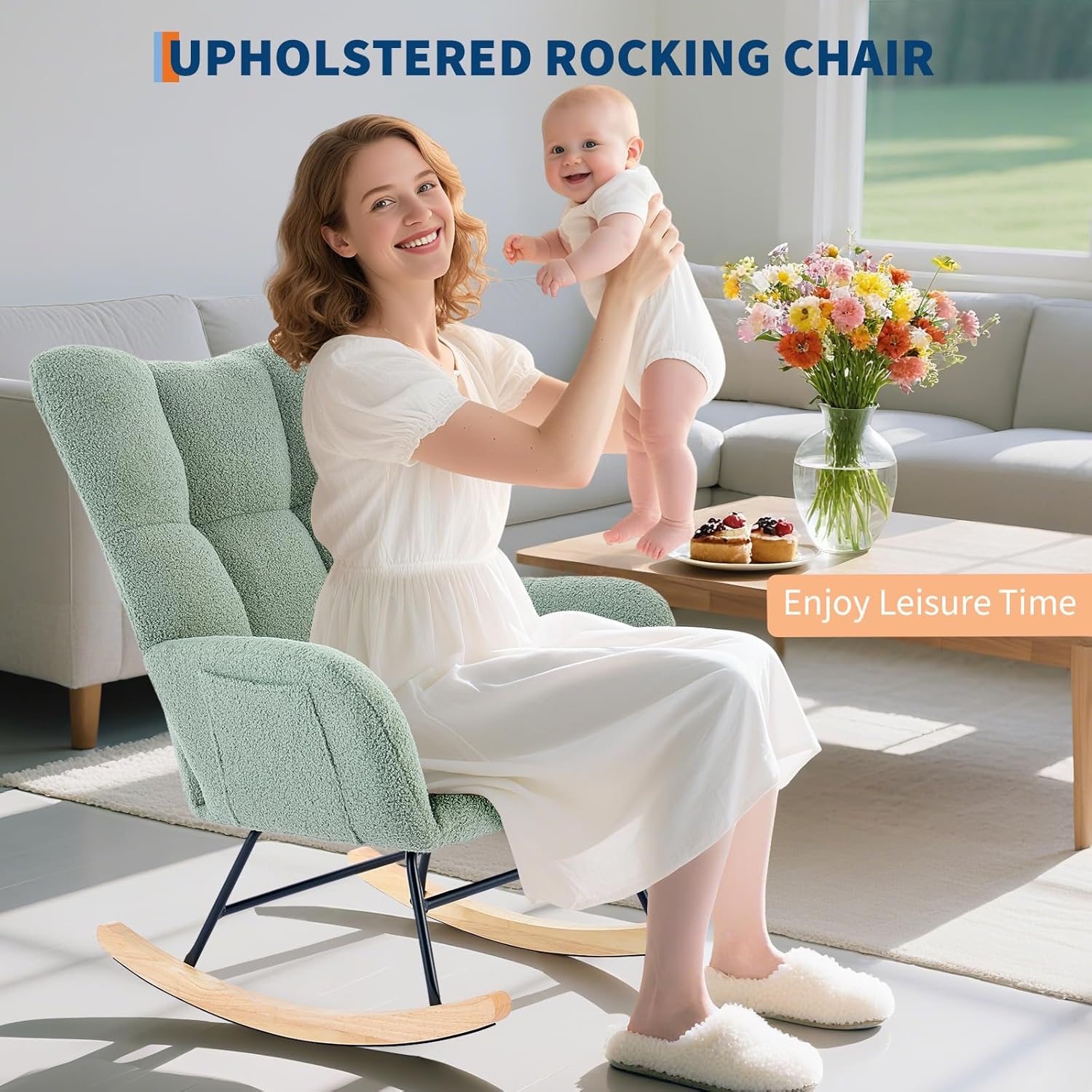 Rocking Chair Nursery Teddy Upholstered Baby Fluffy Glider Rocker for Adults Small Spaces Indoor Nursing Chair for Living Room Bedroom Classroom Beige Comfortable Durable Stylish-Green