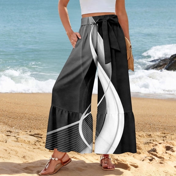 Women's 2026 Summer Wide Leg Palazzo Pants Elastic High Waisted Boho Casual Flowy Beach Pants with Pockets Black 2XL