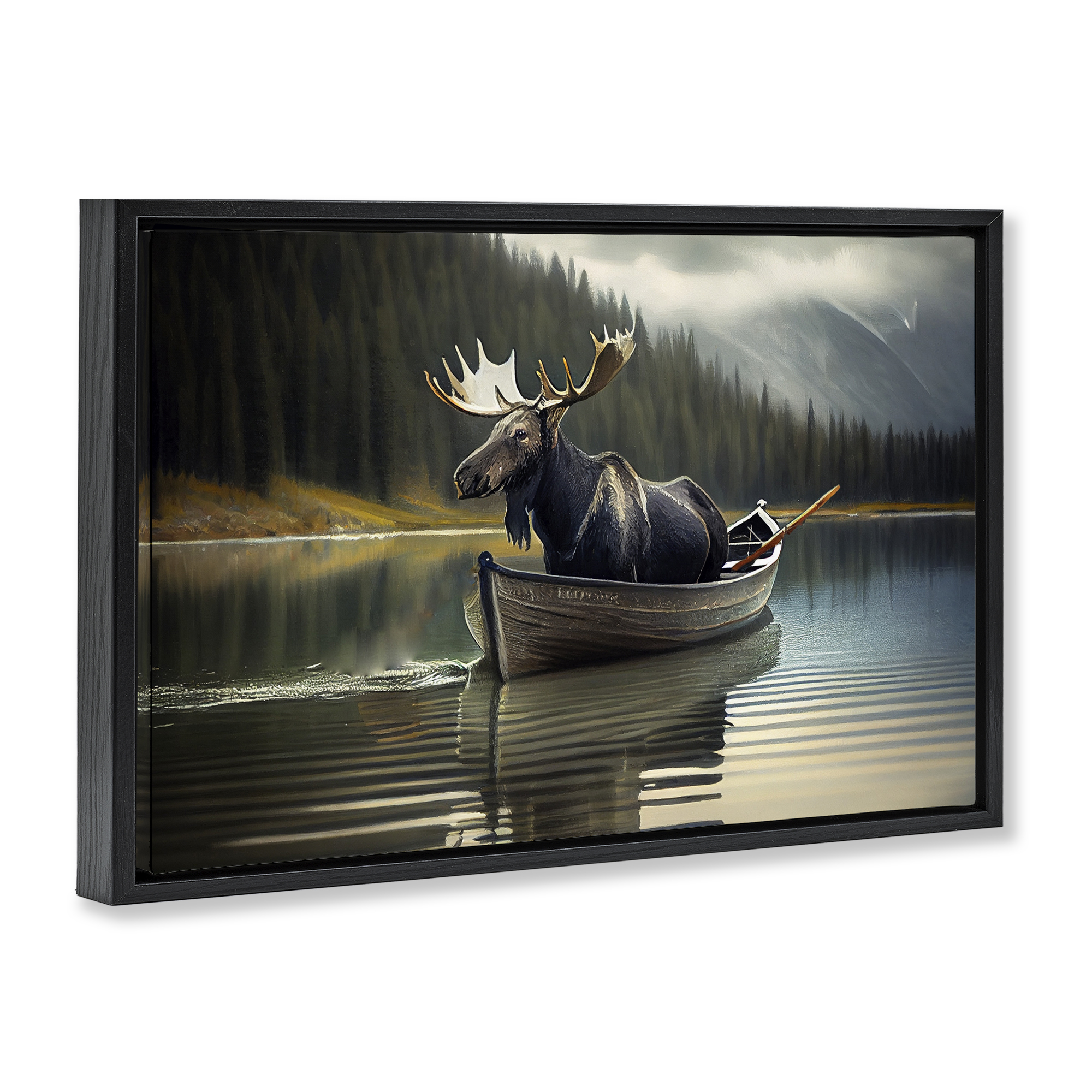 Moose in Canoe Tranquility Black Framed Floater Canvas Wall Art, design by Sasha